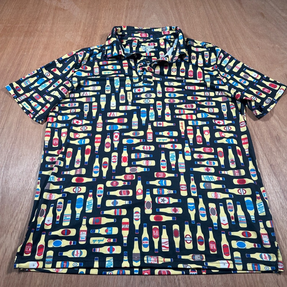 Aeroline Polo Shirt Mens Medium Black Beer Bottle Print Performance Golf Active
